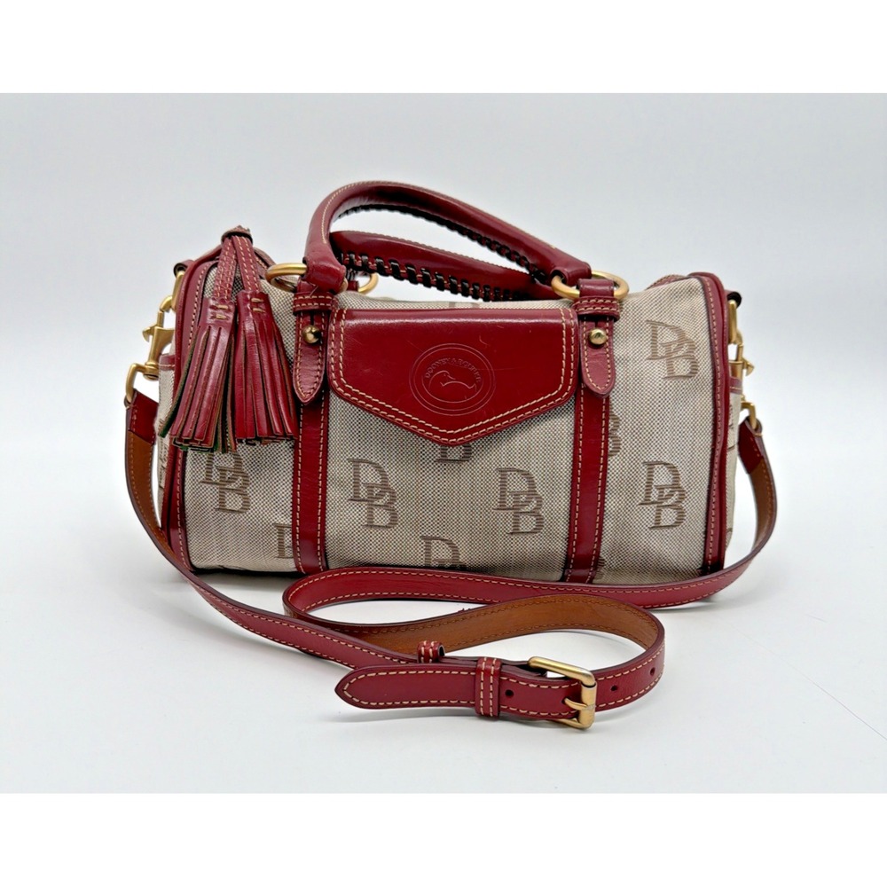 Dooney Bourke Florentine Leather Jacquard Monogram Barrel Pocket Satchel Red 13"